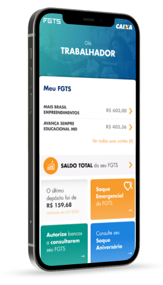 celular mostrando o app do fgts que possui informações sobre o saldo e opções da modalidade do saque-aniversário